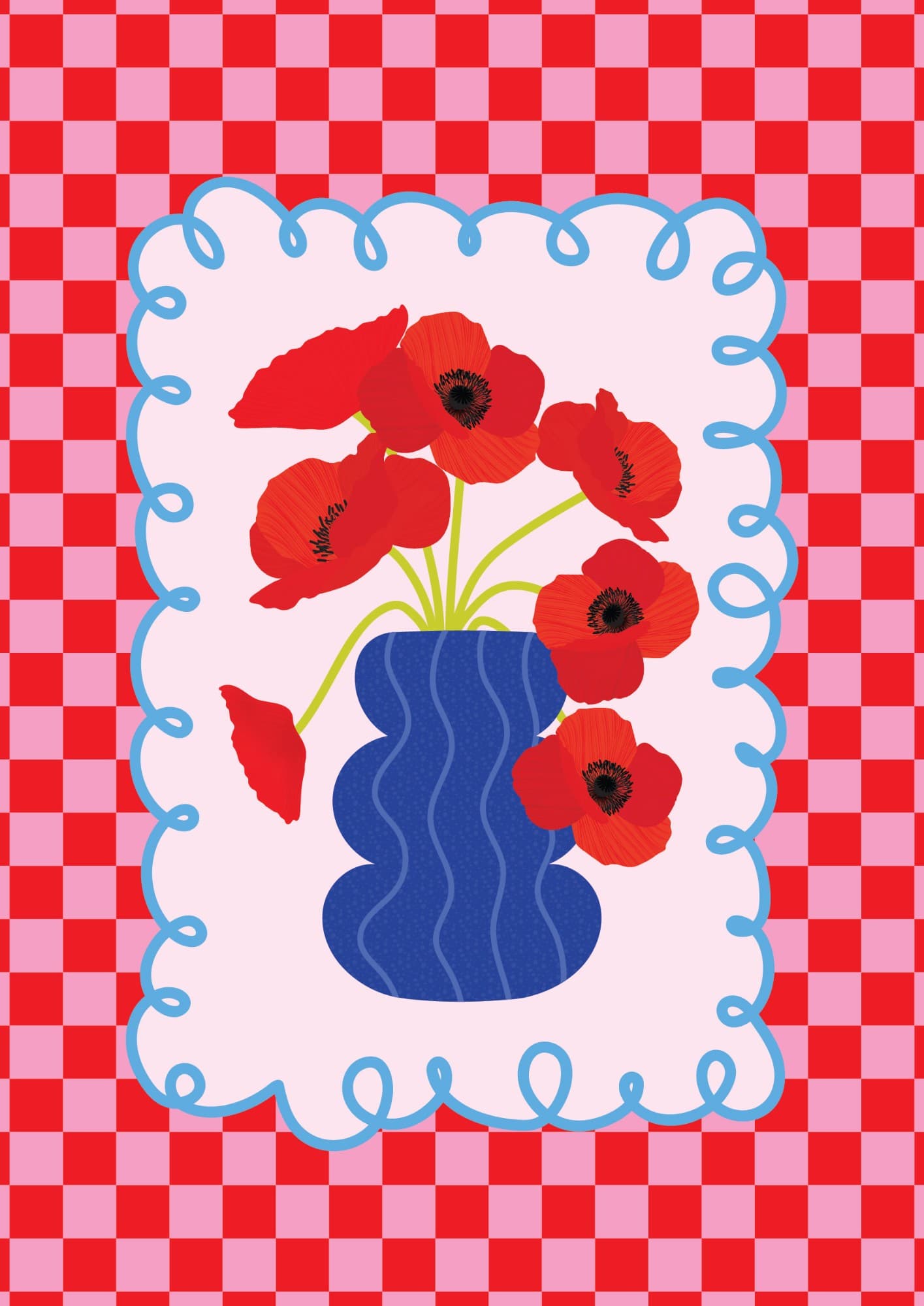 Dahnon poster: red poppies in a wavy blue vase inside a blue loopy frame on a red and pink checkerboard