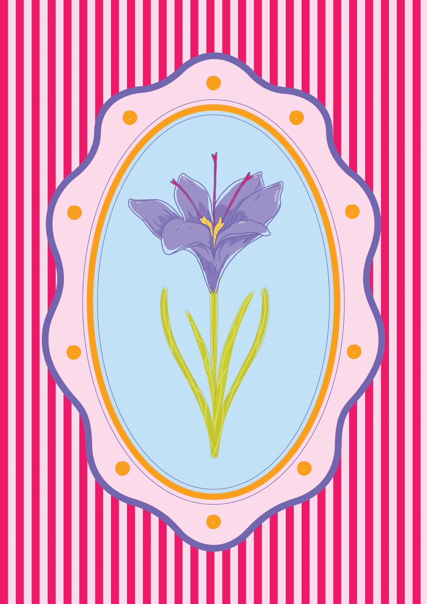 Iris poster: a violet iris in an oval mirror frame with orange dots on hot pink stripes